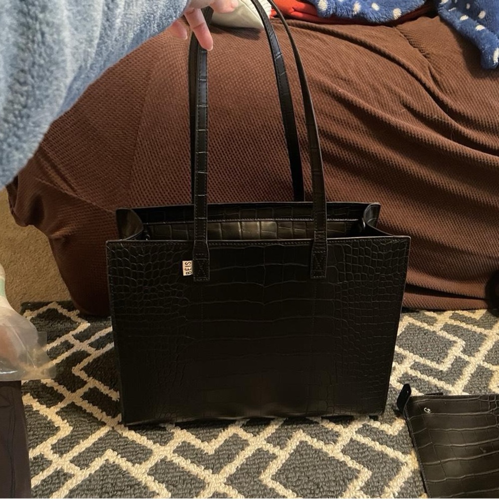 BEIS Black Croc-Embossed Tote Bag